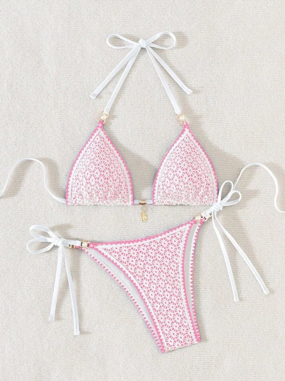 Pink Women's Hollow Out Shell & Pearl Decor Sexy Triangle bikini
